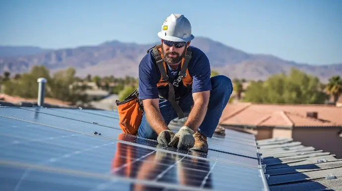 Visite technique un installateur met un panneau solaire