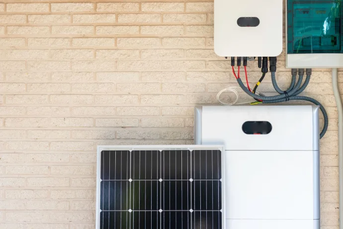 Un panneau solaire, un panneau éléctrique, une batterie et l'onduleur central
