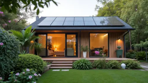 Devenez autoconsommateur dés aujourd'hui maison moderne équipée de panneaux solaires en toiture, ciel bleu et soleil radieux.